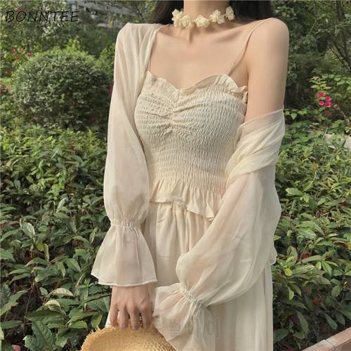 Blouses Women Vintage Summer Chiffon Sun-proof Korean Flare Sleeve Chic Femme Crop Top Sheer Elegant Vacation Ladies Holiday Hot