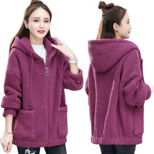Women Solid Jacket Zipper Pocket Thick Sweatshirt Long Sleeve Hooded Imitation Lamb Cashmere Female Coat Cardigan Outwear Q83