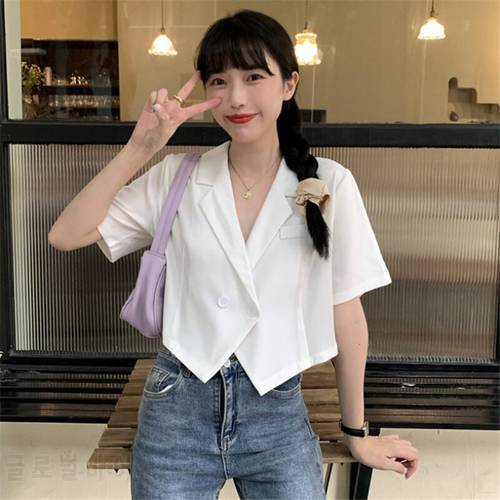 Summer Chic Shirts 2022 Korean OL Office Ladies Blazer Women Fashion Short Sleeve Double Breasted Loose Black White Blazer aq461