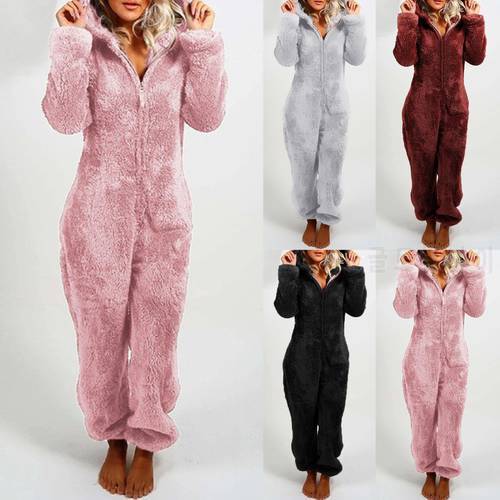 Winter Warm Pyjamas Women Onesizes Fluffy Fleece Jumpsuits Sleepwear Overall Plus Size Hood Sets Pajamas For Women Adult