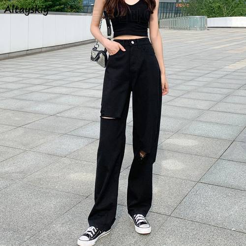 Jeans Women Denim Hole Button Pockets Loose 5XL Black Trousers Baggy Chic Harajuku Daily Scratched Wide Leg Streetwear Simple