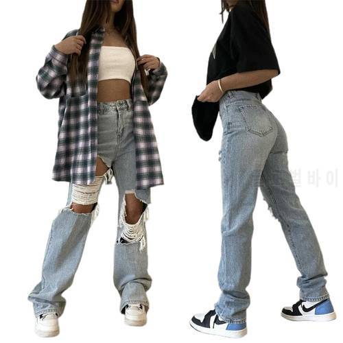 Female Ripped Jeans High Waist Hollow Out Trousers Straight-Leg Pants for Spring Summer Fall Light Blue XS/S/M/L