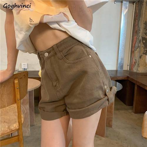 Solid Crimping Shorts Denim Women High Waist Simple Korean Style A-line Ulzzang Vintage Students All-match Fashion Streetwear