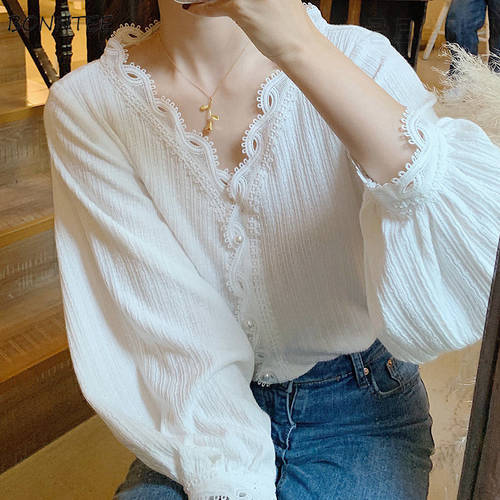 Blouses Women V-Neck Clothes Button Up Shirt All-match Aesthetic Chic Popular Korean Style Charm Classy Feminino Slim Ins Casual