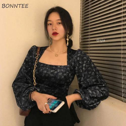 Blouses Women Elegant Slim French Vintage Print Puff Sleeve Square Collar Korean Style Ladies Blusas Temperament All-match Chic