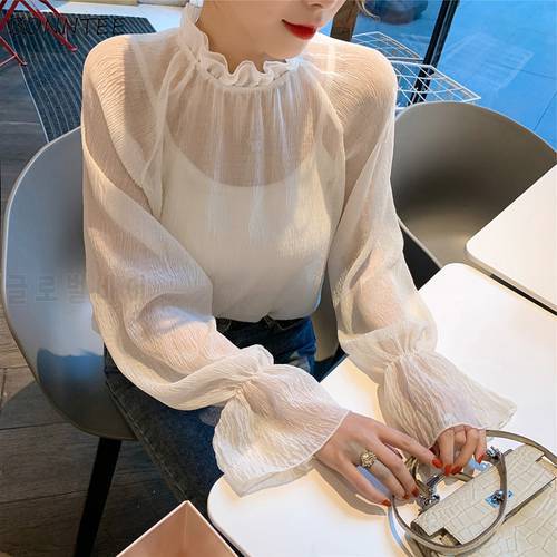 Blouse Women Elegant Sheer Top Long Sleeve Autumn Solid Stylish Daily All-match Sun-proof Ladies Blusas Soft Chic Korean Style