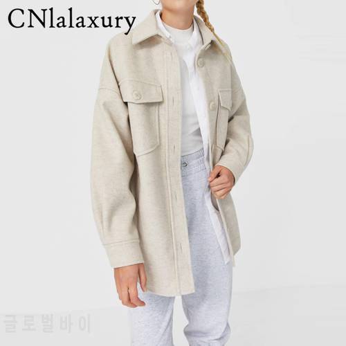New Casual Woman Camel Loose Pocket Woolen Shirt Jacket 2022Fashion Ladies Autumn Long Sleeve Thick Blouse Coat Female Outwear