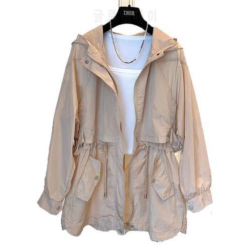 2021 Summer Women Heavy Lndustry Sun Protection Clothin Embroidered Letters Coat Loose Mid-Length Hooded Zipper Jacket Coat A78