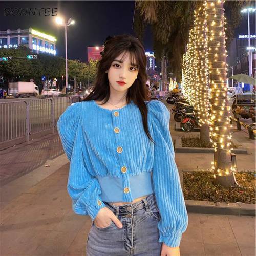 Basic Jackets Women Slim Cropped Corduroy Daily Puff Sleeve Clothing Leisure Spring Solid All-match O-Neck Coats Single Breasted