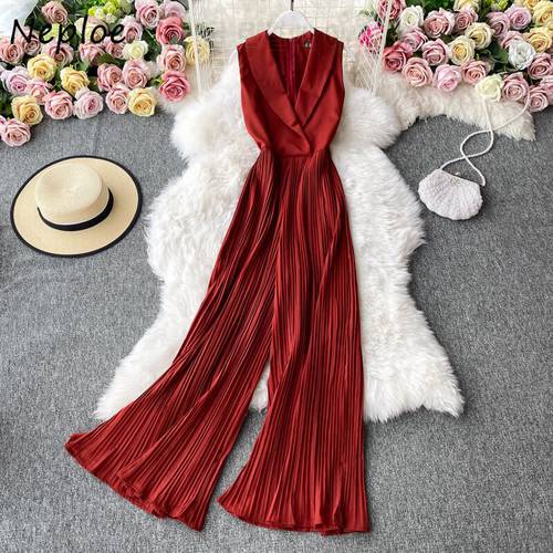 Neploe Chic Sashes Slim Waist Turn-down Collar Bodysuit 2023 Vintage Solid Color Jumpsuit Pleated Flared Wide Leg Pants Women