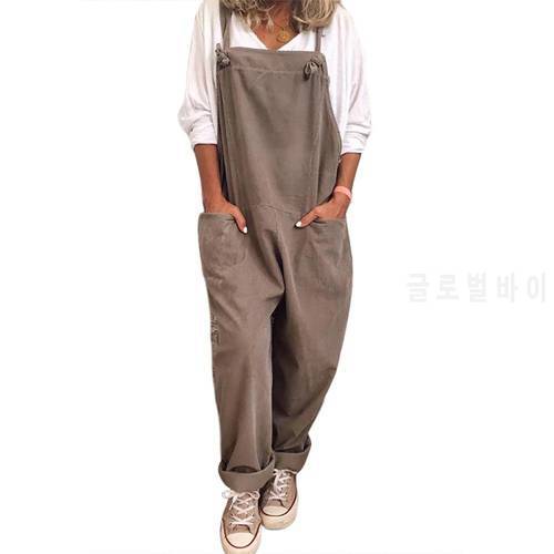 2020 Women Casual Solid Strappy Dungarees Vintage Cotton Linen Loose Party Long Harem Overalls Rompers Jumpsuits