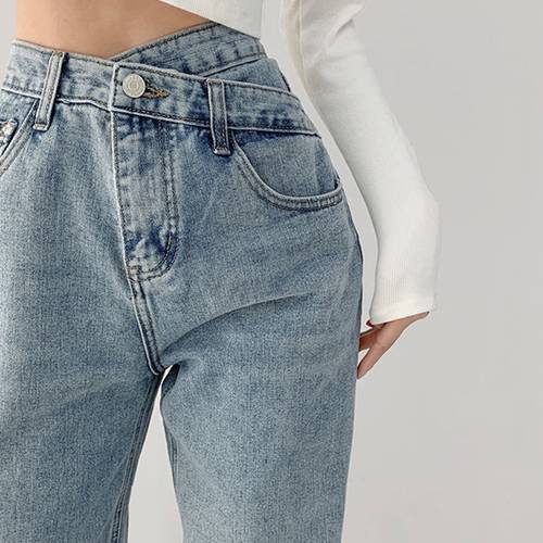 High Waist Water Wash Plus Size Jeans Woman&39s Casual Simplicity Straight Denim Long Pants Women Waist Design Sense Jeans Woman