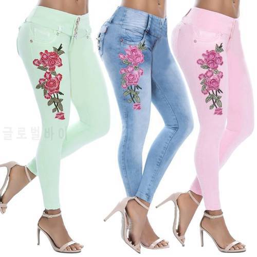 New Sexy Women Floral High Waist Stretch Skinny Jeans Denim Long Pants Women Outerwear Casual Ladies Slim Trouser 2022 Autumn
