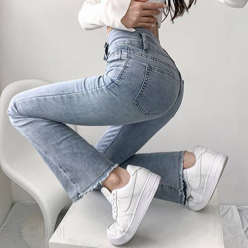 Jeans Women Solid Blue Sexy Slimhigh Waist Jean Simple Ladies Full Length Mom Cowboy Denim Flared Pants Mujer 2022 Spring New