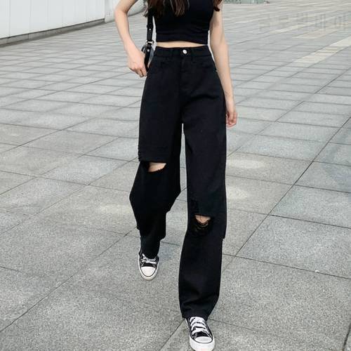 Women Wide Leg Hip-hop Mopping Vintage Summer High Street Jeans Holes Black Chic Oversized S-5XL Oversize Harajuku Casual Pants