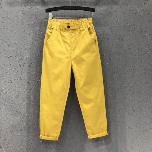 2022 New Summer Women Harem Pants All-matched Casual Cotton Denim Pants Elastic Waist Yellow White black Jeans KZ530