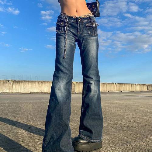 Streetwear Pockets Patchwork Baggy Jeans Woman High Waist Cargo Jeans Skinny Punk Y2K Pants Grunge Skinny Jean Femme 2021