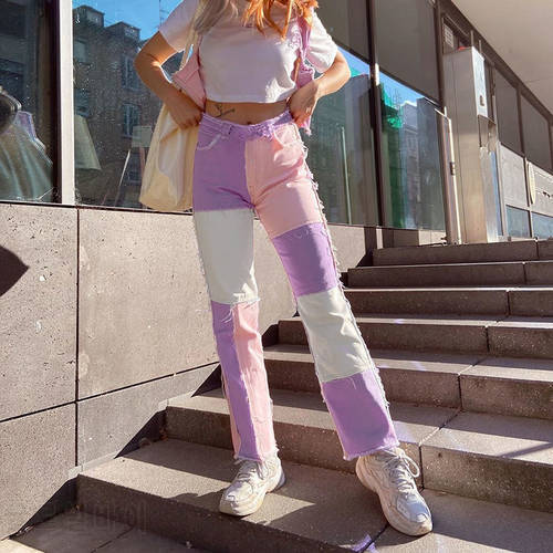 Women&39s jeans street high waist personality stitching contrast color slim straight jeans loose casual raw edge wide-leg pants