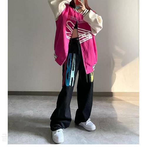 2021 fashion color letter embroidery printed jeans women&39s new high-waisted straight loose wide-leg pants trend