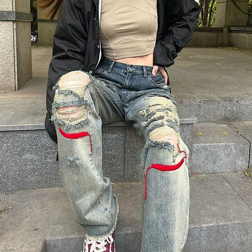 2021 Jeans for Women Loose Pants Straight Pants Girl Hiphop High Street Hot Girl Women Jeans Y2k Baggy Wide Leg Jeans Ripped