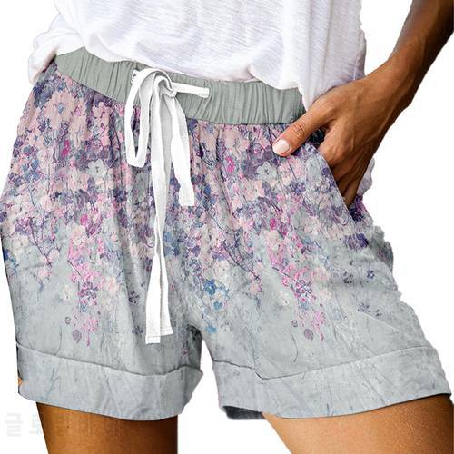 Women Shorts Floral Print Wide Leg Summer Loose Drawstring Solid Cotton Sport Casual Pocket High Waist Shorts for Lady Clothes
