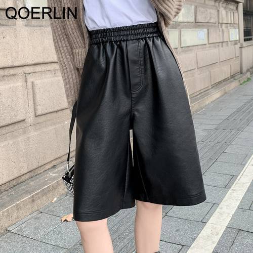 QoerliN S-3XL Autumn PU Leather Shorts Women&39s Casual High Waist Wide Leg Half Trousers Korean Outerwear Loose Straight Shorts
