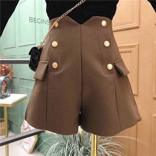 2022 New Winter autumn Black/brown Shorts Women Double-breasted Casual High Waist A-Line Wide Leg Black Shorts Female KZ888