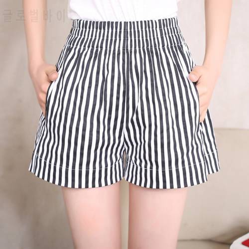 Summer Blended Cotton Striped Shorts Women Casual Fashion Wide Leg Shorts Loose Leisure Shorts S-2XL