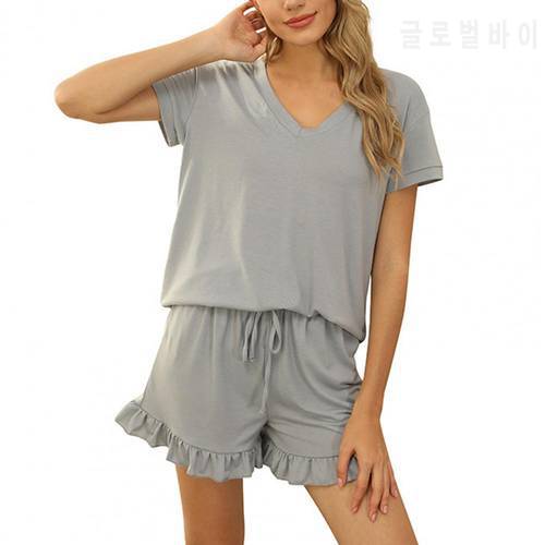 Fashion Women Outfit Solid Color Drawstring Two-piece V Neck Short Sleeve T-shirt Shorts Set for Sports Tracksuit Female Clothes
