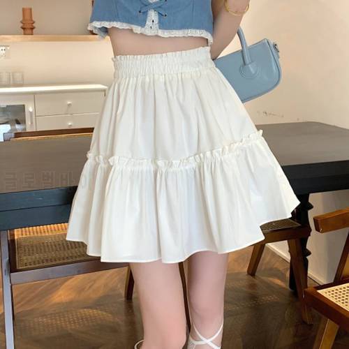 HOUZHOU Kawaii Cute Mini Skirt Women Korean Fashion Patchwork Fairycore High Waist Fluffy White Skirt Vacation Outfits Summer