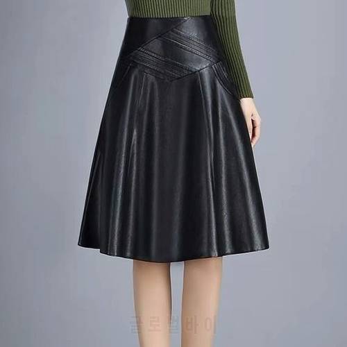 PU Leather Skirt Women&39s A- line Large-Size Knee-Length High-Waist Pleated Skirt Woman Skirts Mujer Faldas Saias Mulher
