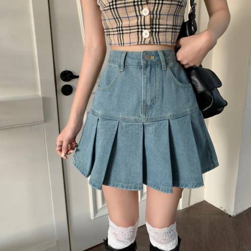 Summer Women Jeans Skirts High Waist Pleated Skirts Harajuku Zipper A-LINE Mini Skirts Y2K Skinny Retro Skirts Womens 2022