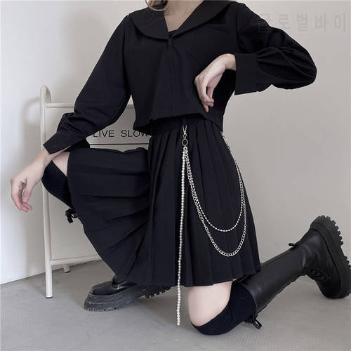 HOUZHOU Gothic Black Pleated Skirt Women Punk High Waisted Chain A-line Mini Skirts E Girl Kpop Streetwear Goth Preppy Style Jk