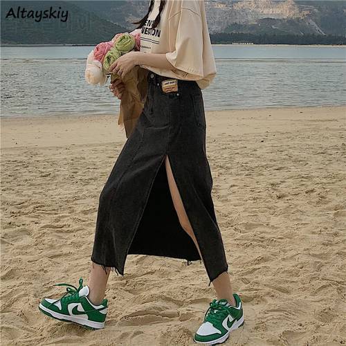 Skirts Women Denim Long Side-slit A-line All-match Retro Female Sexy Chic High Waist Slim Solid Color Streetwear Fashionable Ins