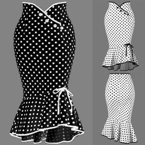 Polka Dot Ruffled Fishtail Skirt Elegant Vintage Hip Trumpet Mermaid Skirts Skinny High Waist Female Sexy Hip Mid-length Skirts