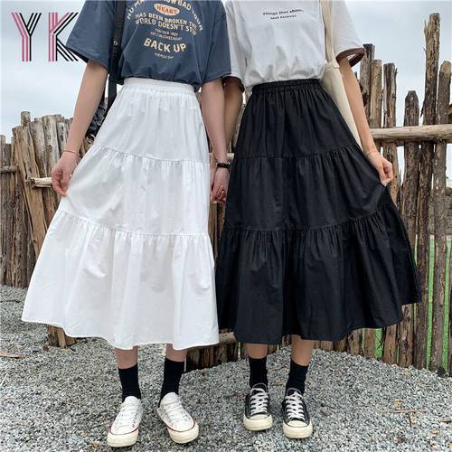 Spring Summer Midi Long Skirt For Girls Maxi High Waist Women Solid White Pleated Cake A-Line Skirts Women Clothes 2021