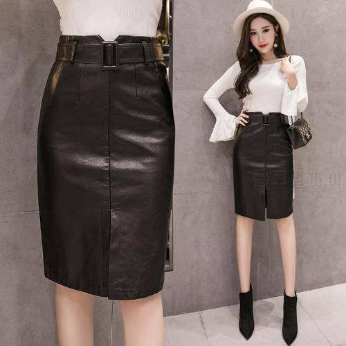 2021 Autumn and Winter Women&39s PU Leather Split A- Line Woman Skirts Faldas Jupe