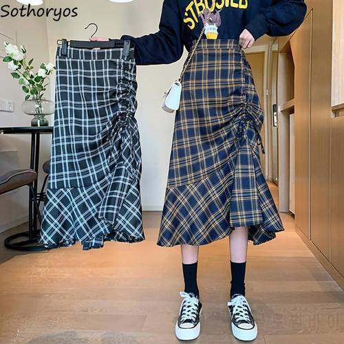 Ruffles Long Lady Skirts Korean Style Asymmetric Drawstring Chic Fashion High-waist Casual Plaid Harajuku New Outwear All-match