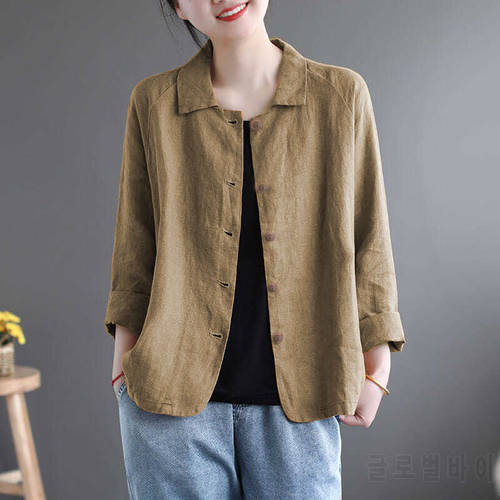Cotton Linen Sunscreen Shirt Jacket Female Summer New Lapel Literary Retro Loose Single-breasted Cardigan Shirt Woman Jacket