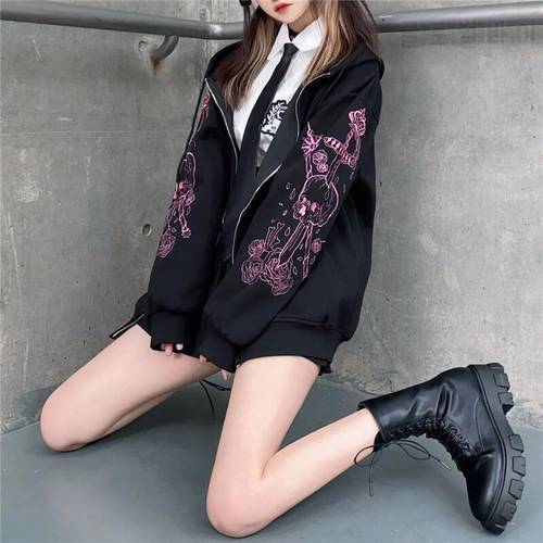 Harajuku Zip Up Hoodies Women Punk Goth Long Sleeve Printed Sweatshirt Autumn Streetwear Oversized Black Female Hoodie Jackets