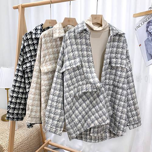 Korean style loose casual shirt jacket women autumn and winter all-match retro houndstooth brushed woolen street top