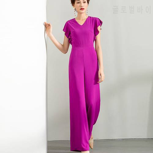 Jumpsuit Women Summer 2022 Elegant High Street Chiffon V-neck Party Rose Red Wide Leg Rompers Overalls Fashion Female Clothes