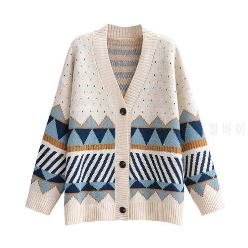 2021 Autumn Winter Clothes Women Geometry Knitted Cardigan Women Sweater Jumper Y2k Button-up Female Tops sweaters