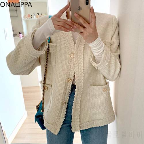 ONALIPPA Woman Jacket 2021 New Korea Elegant V-neck Edge Stitching Three Buttons Loose Pocket Tweed Short Coat Ladies Wear