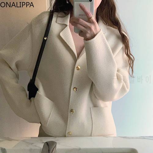 ONALIPPA Autumn Female Coats Korean Chic Vintage Suit Collar Single-Breasted Loose Pocket Design Long-Sleeved Knitted Jacket