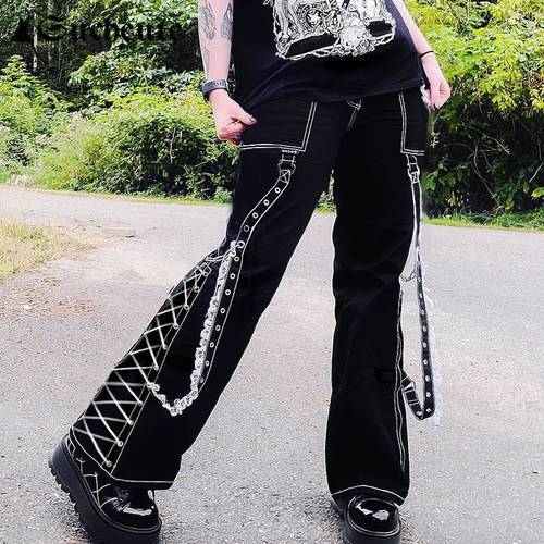 SUCHCUTE Gothic Women Baggy Jean Aesthetic Lace Up Patchwork Dark Academia Streetwear Punk Casual Denim Trousers Straight Pants