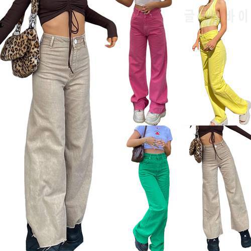 Women Fashion Spring Jeans Solid Color Candy colors Middle-Waist Loose Flared Pants for Female