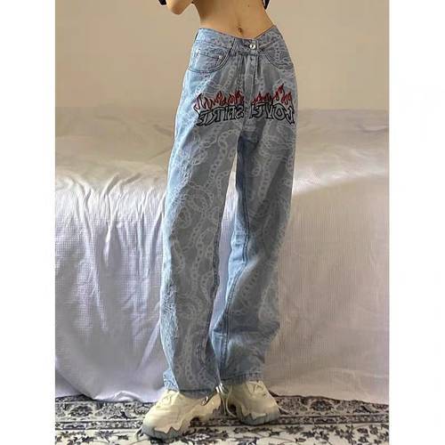 Embroidered jeans Y2K women&39s tide brand European and American street trend hip-hop straight high street printing hiphop pants