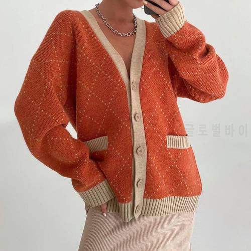 2021ins Net Red Street Retro Rhombic Lattice Pocket Wool Coat Female Knitted Fluffy Sweater Green Pink Oversized Pullover