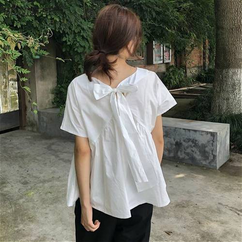 Blouses Women Solid White Minimalist Chic Back Bow Lace-up Design Ladies Clothes Korean Trendy Short Sleeve Summer All-match Top